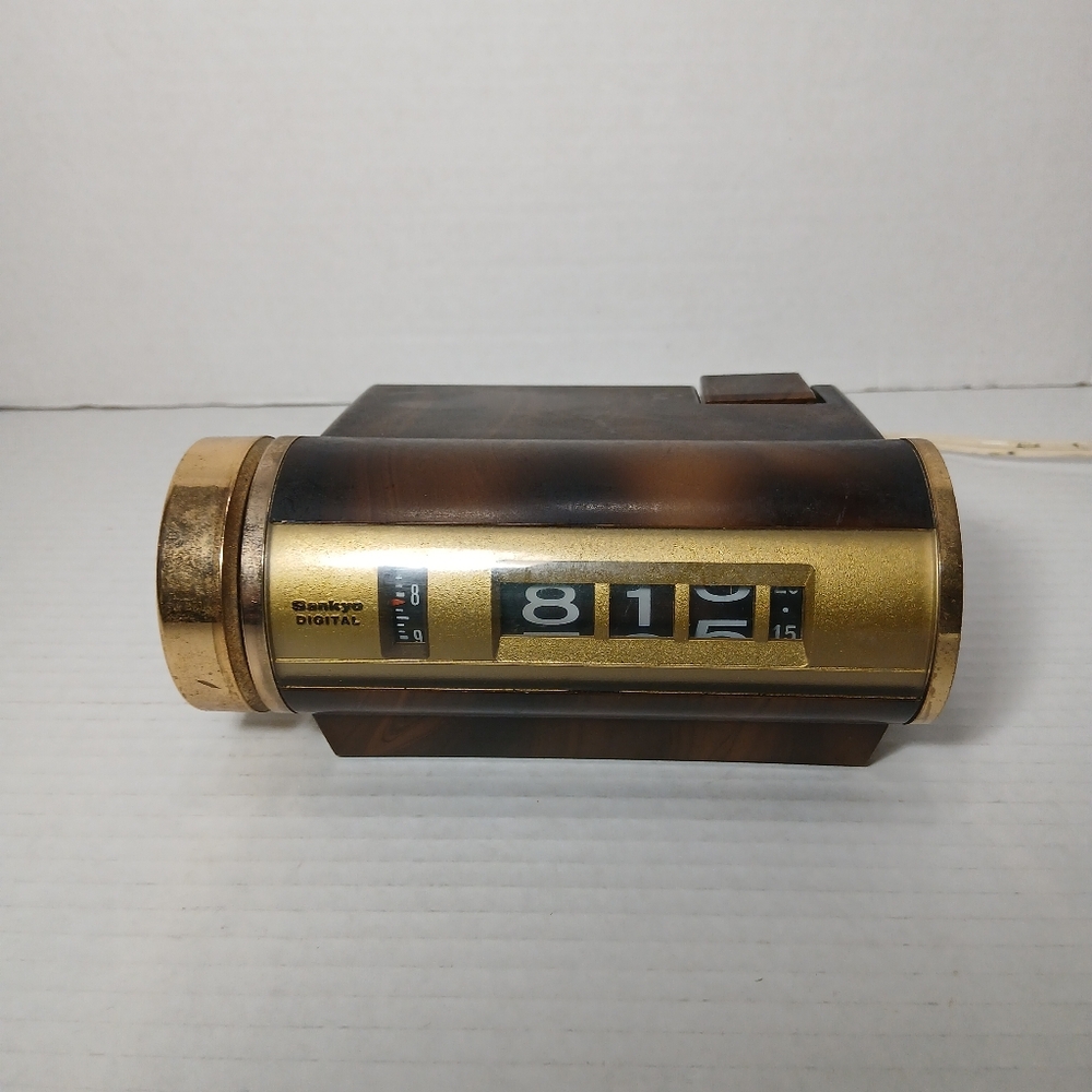 Sankyo Seiki Digital Alarm Clock Model No. 412 - Wood Faux Finish Brown & Gold